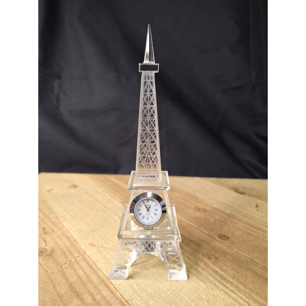 Vintage Crystal Eiffel Tower Desk Clock Quartz Roman Numeral Paris Decor 6.75in